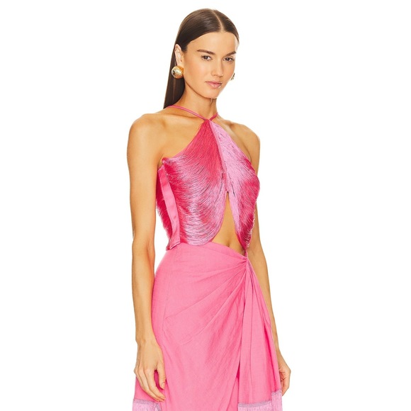 New Cult Gaia Quella Top in Sangria pink fringe draped mesh crop